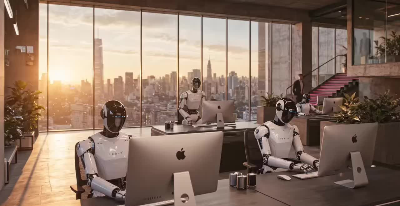 AI-native agency operation: humanoid artificial intelligence agents working at desks in a modern office overlooking a city skyline.